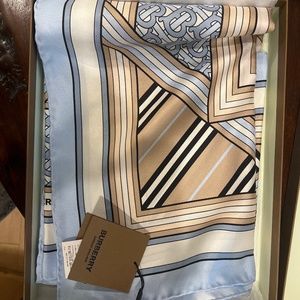 BURBERRY Montage Print Silk Square Scarf in Blue and Tan